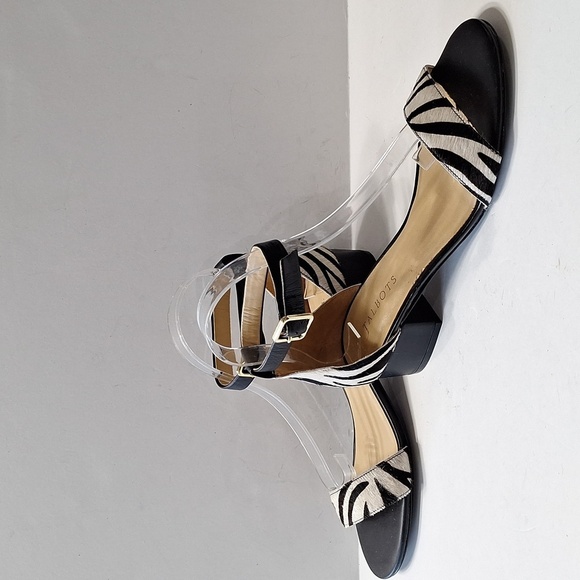 Talbots Black White Animal Print Calf Hair Mobwife Preppy Heel Sandals Size 9 - Picture 11 of 13